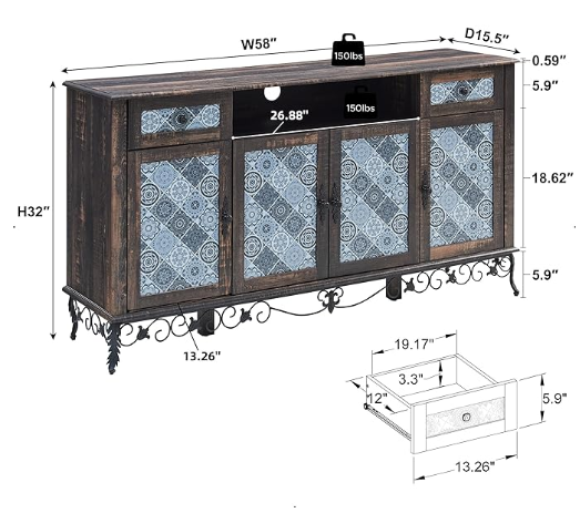 OKD Boho Sideboard Buffet Cabinet, 58" Kitchen Storage Cabinet with 2 Drawers