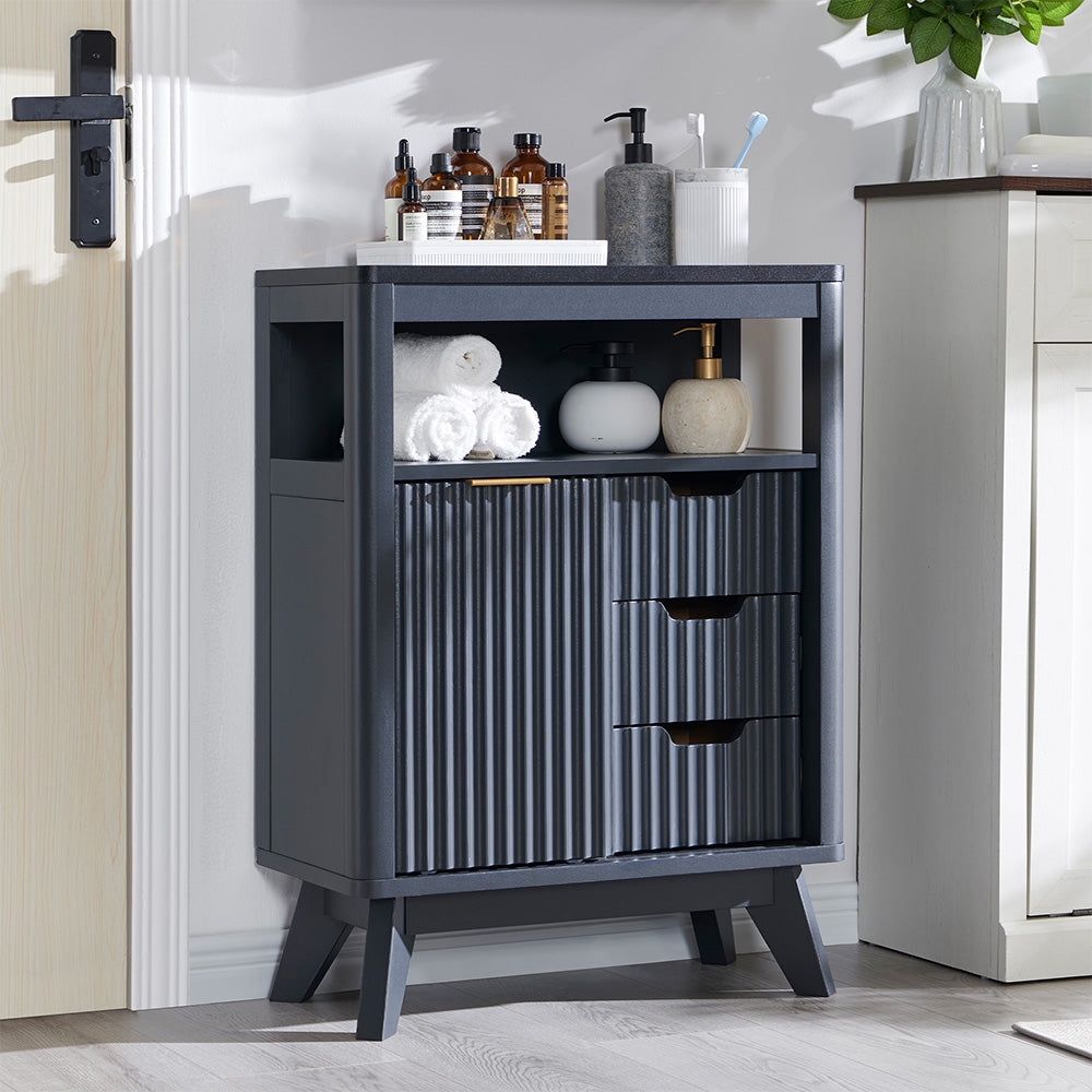 OKD Fluted Bathroom Floor Cabinet with Sliding Door, 3 Drawers Storage Organizer