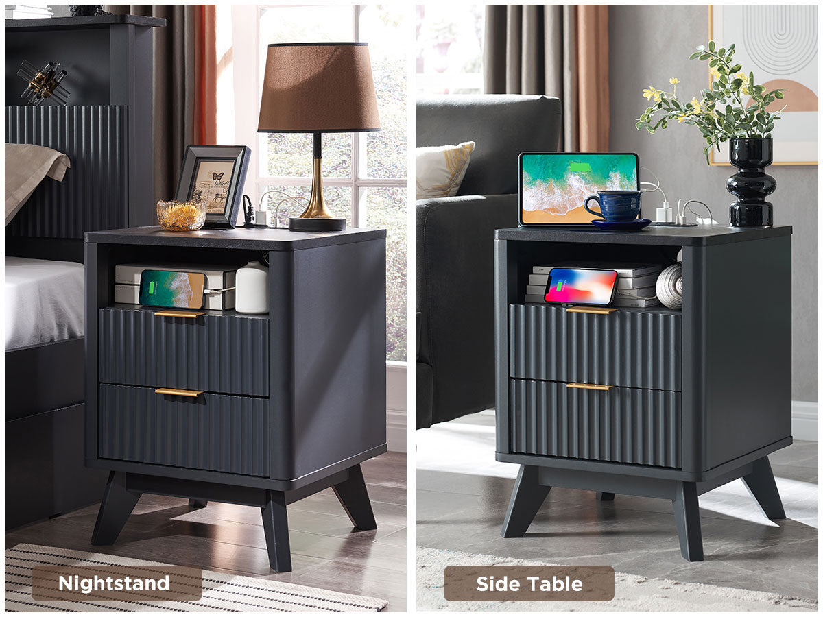 OKD Fluted Nightstand with Charging Station, 18inch Faux Marble Top Side Table