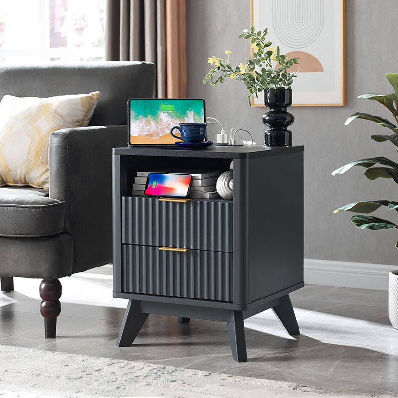 OKD Fluted Nightstand with Charging Station, 18inch Faux Marble Top Side Table