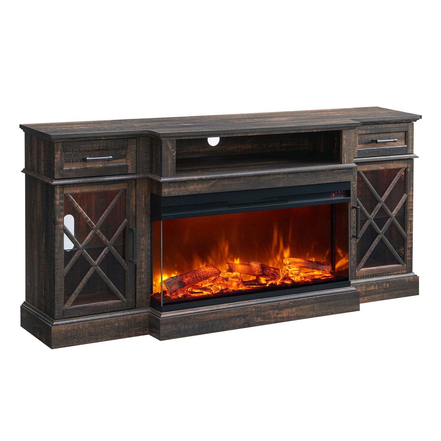 OKD 3-Sided Industrial Farmhouse Electric Fireplace TV Stand With Storage