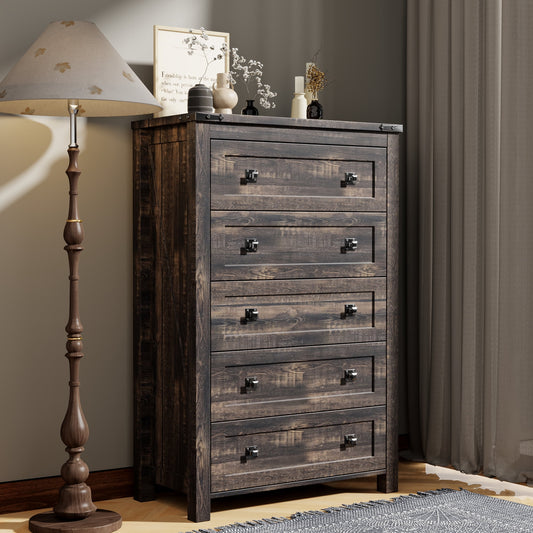 Farmhouse 5 Drawer Dresser for Bedroom, Chest of Drawers Wood Organizer for Living Room