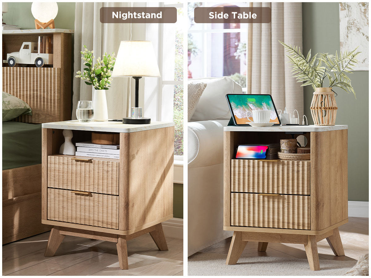 OKD Fluted Nightstand with Charging Station, 18inch Faux Marble Top Side Table