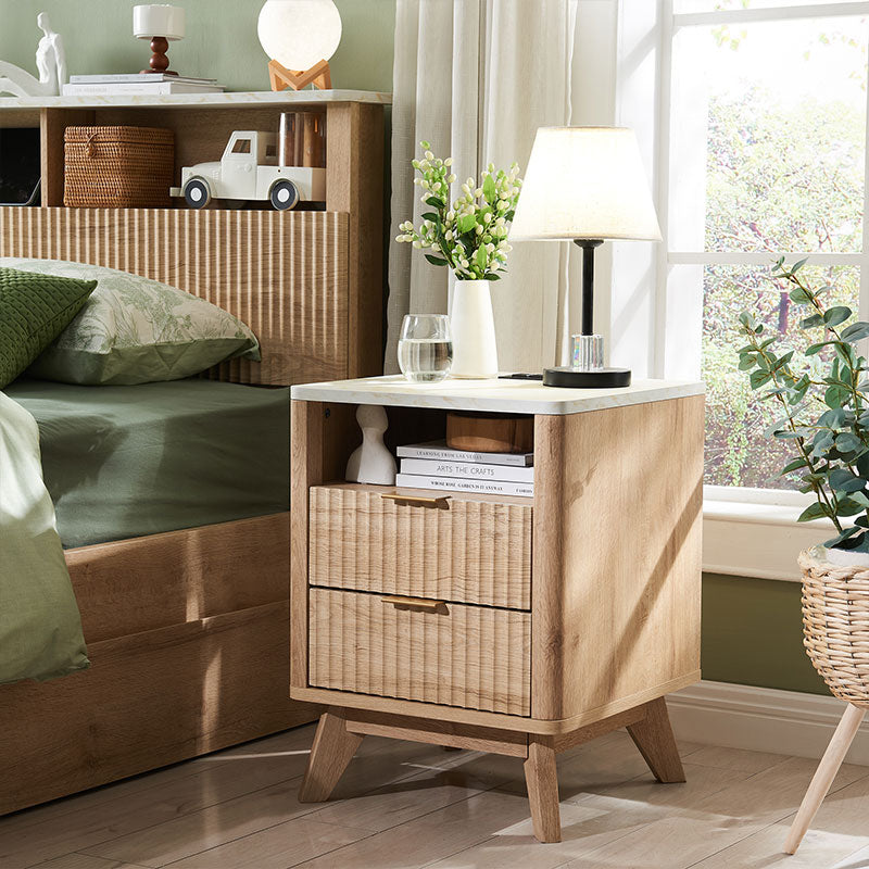 OKD Fluted Nightstand with Charging Station, 18inch Faux Marble Top Side Table