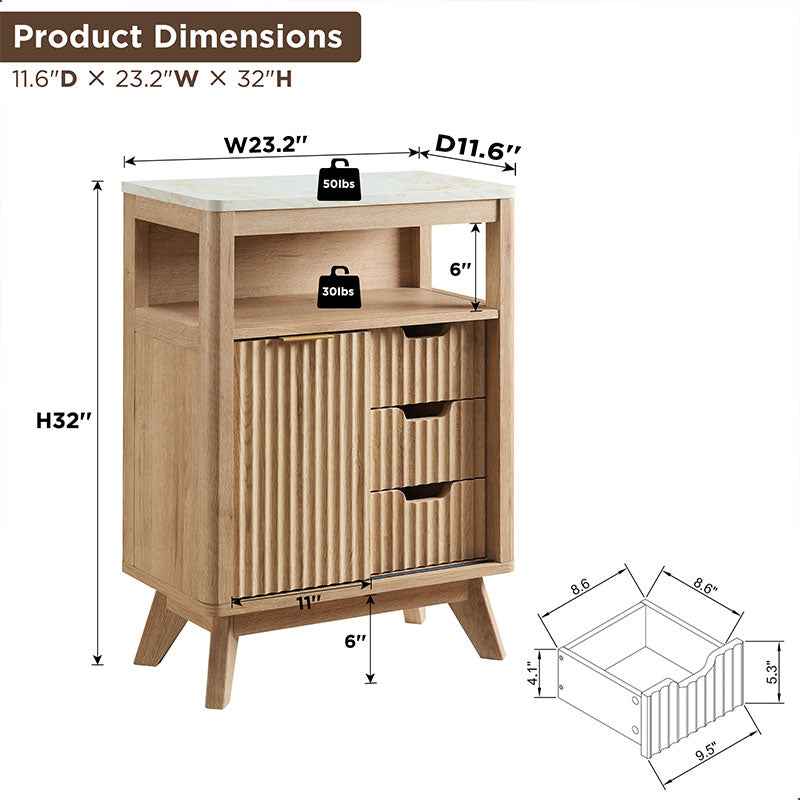 OKD Fluted Bathroom Floor Cabinet with Sliding Door, 3 Drawers Storage Organizer