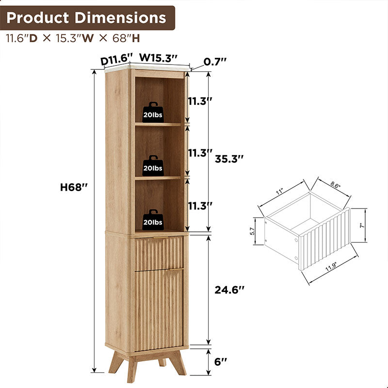 OKD 68 inch Tall Fluted Bathroom Storage Cabinet