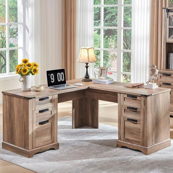 OKD 60" L-Shaped Executive Office Desk, Farmhouse Rustic Computer Writing Desk with 3 Drawers, File Cabinet & Charging Station, Home Office Corner Workstation