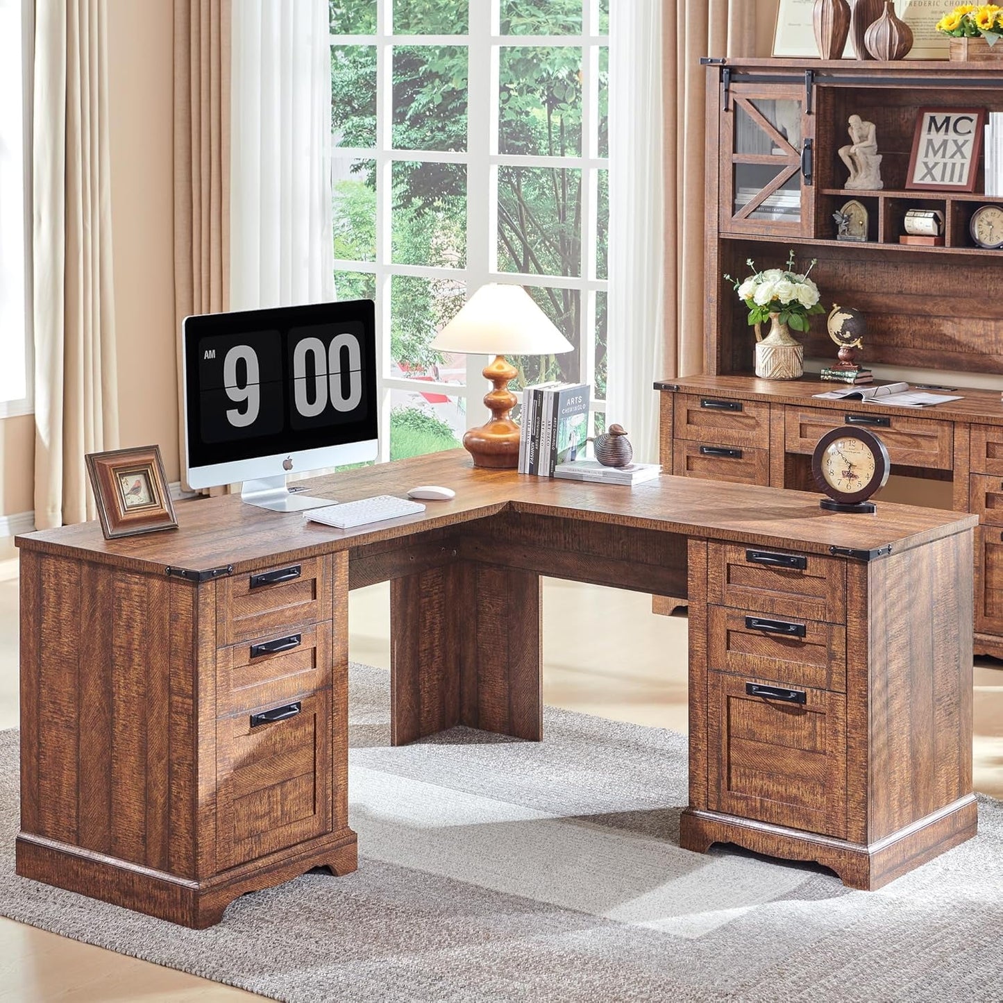 OKD 60" L-Shaped Executive Office Desk, Farmhouse Rustic Computer Writing Desk with 3 Drawers, File Cabinet & Charging Station, Home Office Corner Workstation