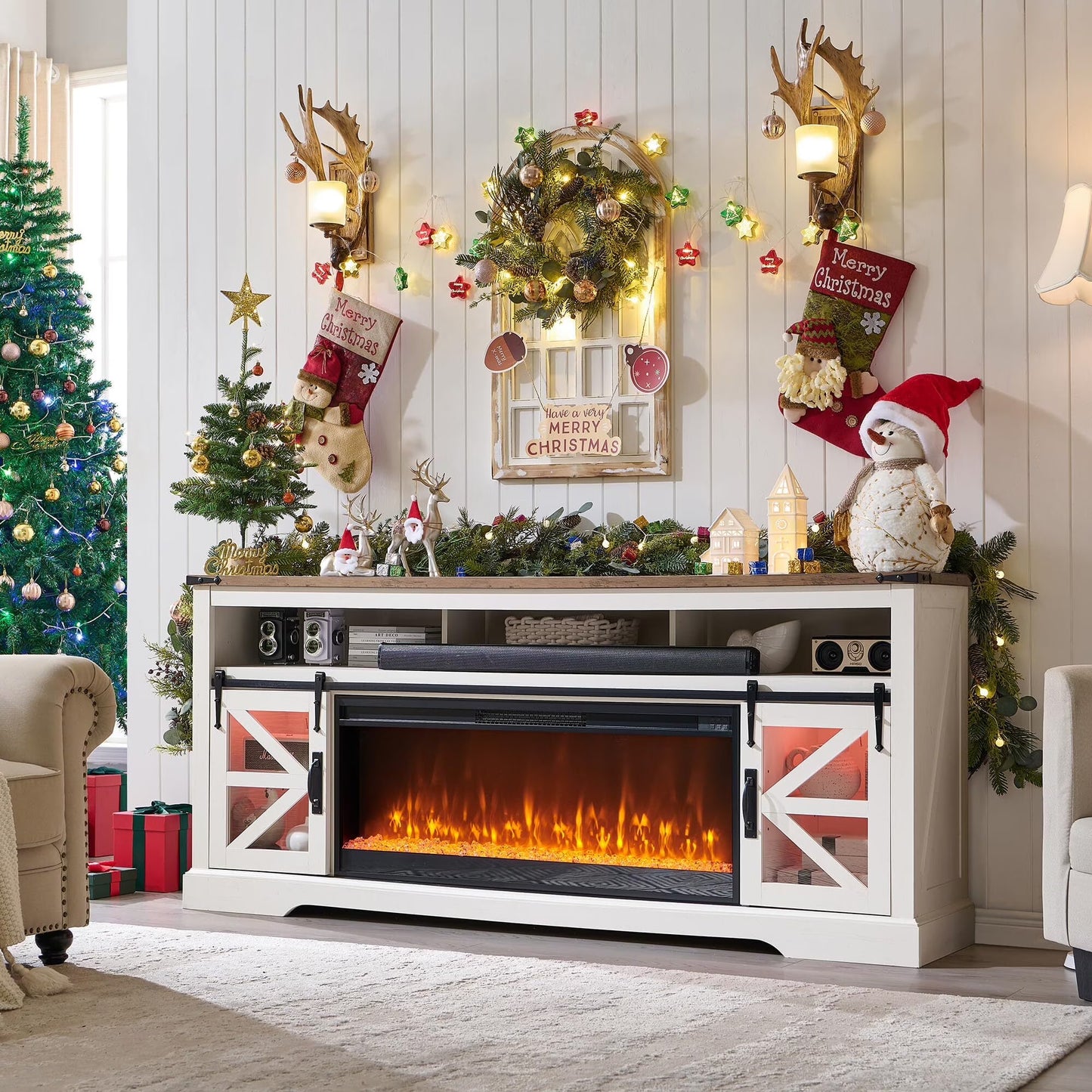 OKD Farmhouse Fireplace TV Stand for 85" TV, Highboy Entertainment Center w/42" Electric Fireplace & LED Light, Media Console w/Sliding Barn Door for Living Room, Dark Rustic Oak