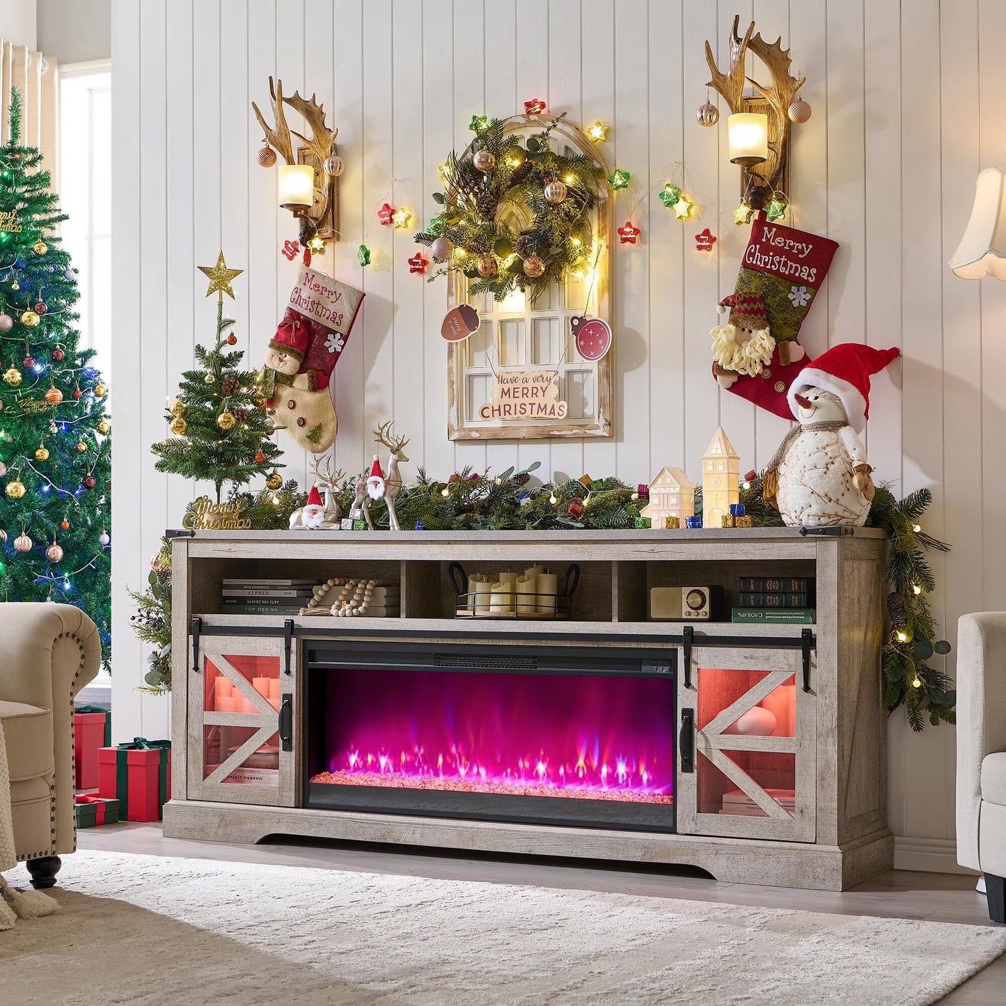 OKD Farmhouse Fireplace TV Stand for 85" TV, Highboy Entertainment Center w/42" Electric Fireplace & LED Light, Media Console w/Sliding Barn Door for Living Room, Dark Rustic Oak