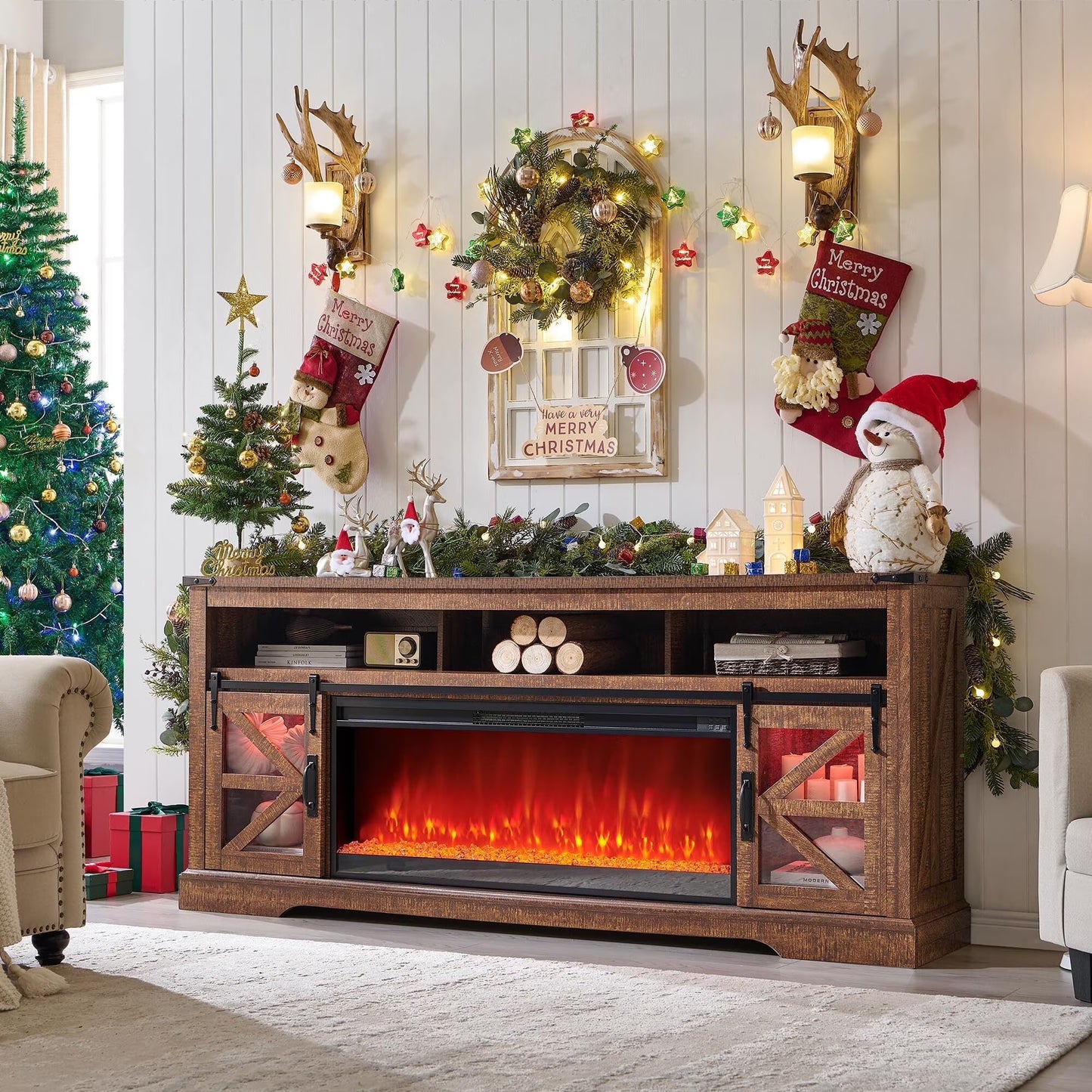 OKD Farmhouse Fireplace TV Stand for 85" TV, Highboy Entertainment Center w/42" Electric Fireplace & LED Light, Media Console w/Sliding Barn Door for Living Room, Dark Rustic Oak