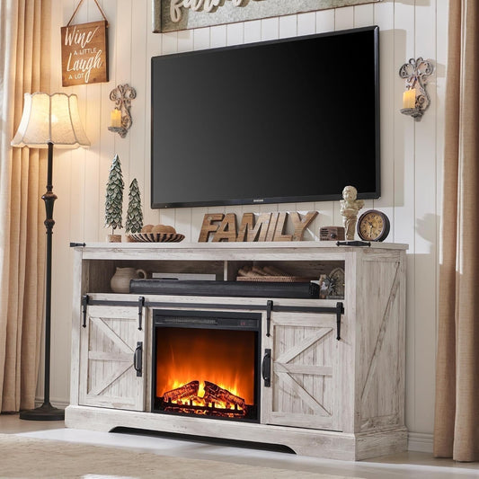 OKD Farmhouse Fireplace TV Stand up to 70", Entertainment Center with 23" Fireplace & Open Storage Shelves for Living Room