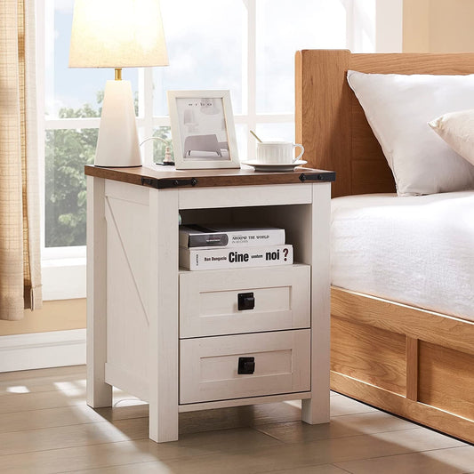 OKD Farmhouse 2-Drawer Nightstand with Charging Station for Bedroom, Rustic End Tables for Living Room