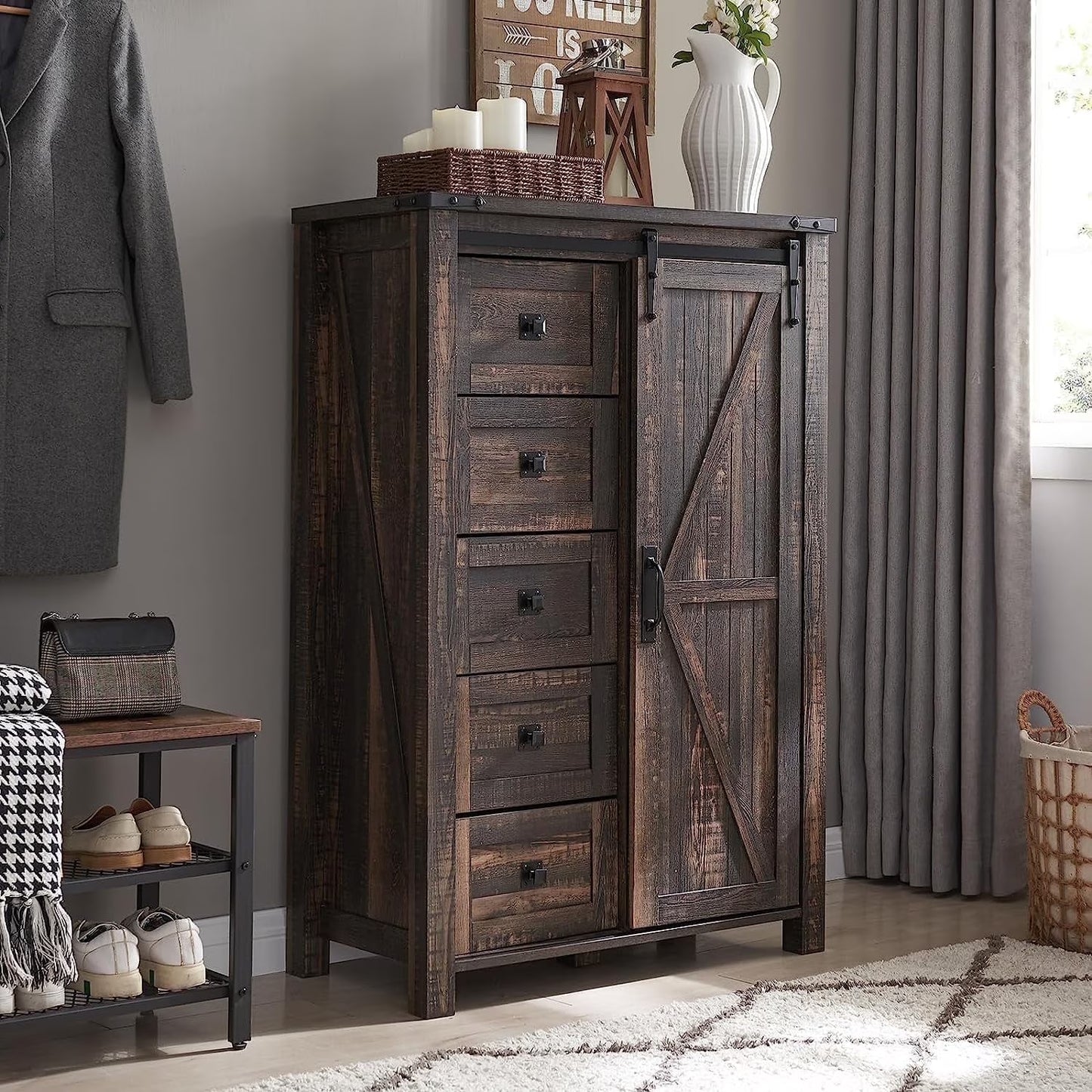 OKD Modern Farmhouse 5-Drawer Dresser with Barn Door, Adjustable Shelf Storage Cabinet for Bedroom Living Room