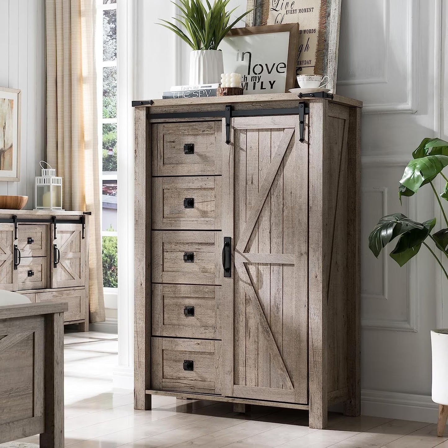 OKD Modern Farmhouse 5-Drawer Dresser with Barn Door, Adjustable Shelf Storage Cabinet for Bedroom Living Room