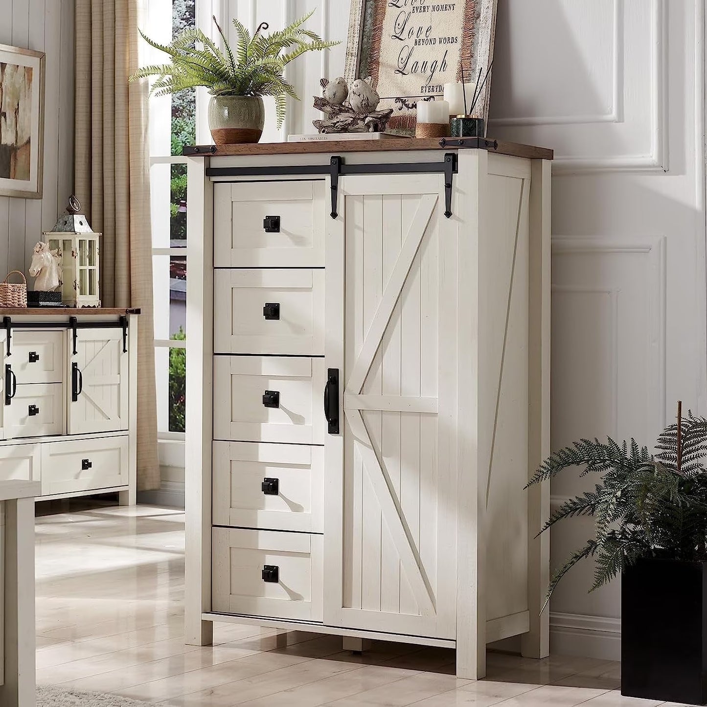 OKD Modern Farmhouse 5-Drawer Dresser with Barn Door, Adjustable Shelf Storage Cabinet for Bedroom Living Room