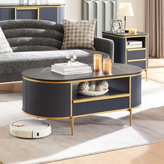 OKD Modern Luxury Fluted Coffee Table with Faux Marble Top, 48" Oval Wood Coffee Table with Drawer & Gold frame, Center Table for Living Room