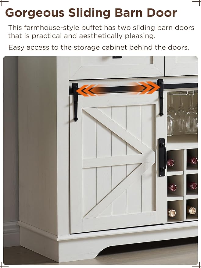 OKD Farmhouse Wine Bar Cabinet Sliding Barn Door, Kitchen Coffee Bar Cabinet Wine & Glass Rack