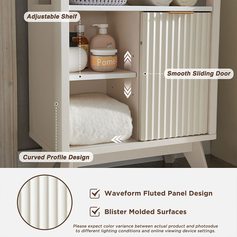OKD Fluted Bathroom Floor Cabinet with Sliding Door, 3 Drawers Storage Organizer