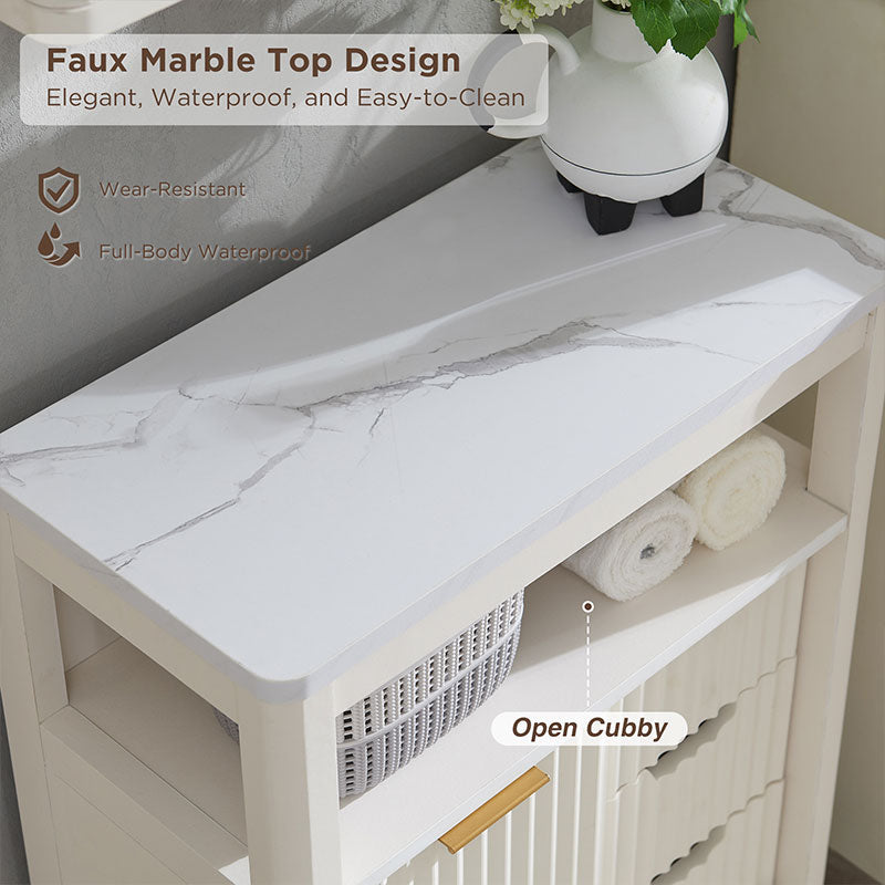 OKD Fluted Bathroom Floor Cabinet with Sliding Door, 3 Drawers Storage Organizer
