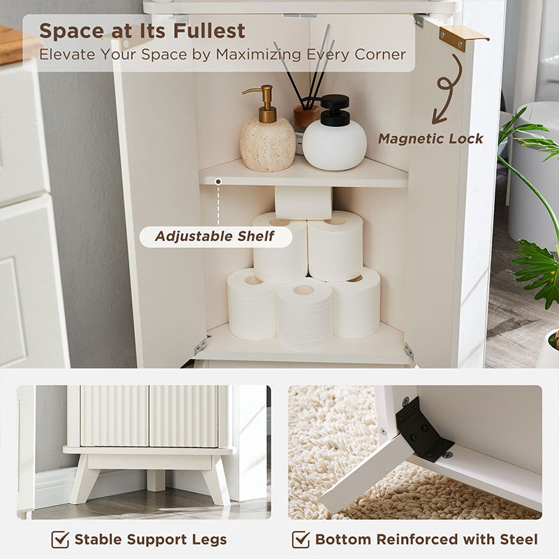 OKD Fluted Corner Cabinet, 68" Tall Modern Storage Cabinet with Faux Marble Top