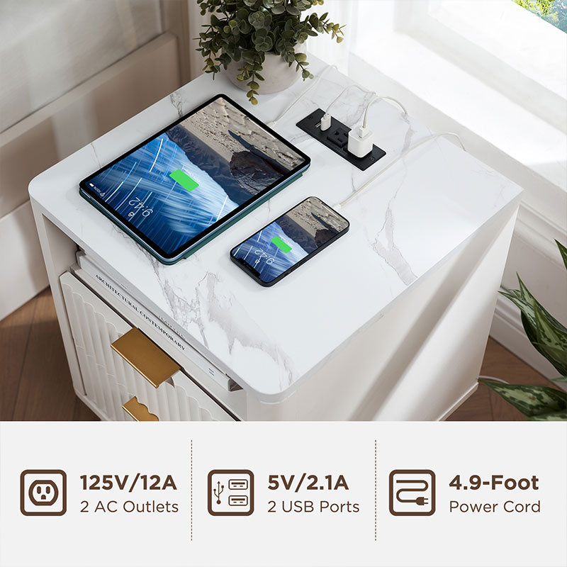 OKD Fluted Nightstand with Charging Station, 18inch Faux Marble Top Side Table