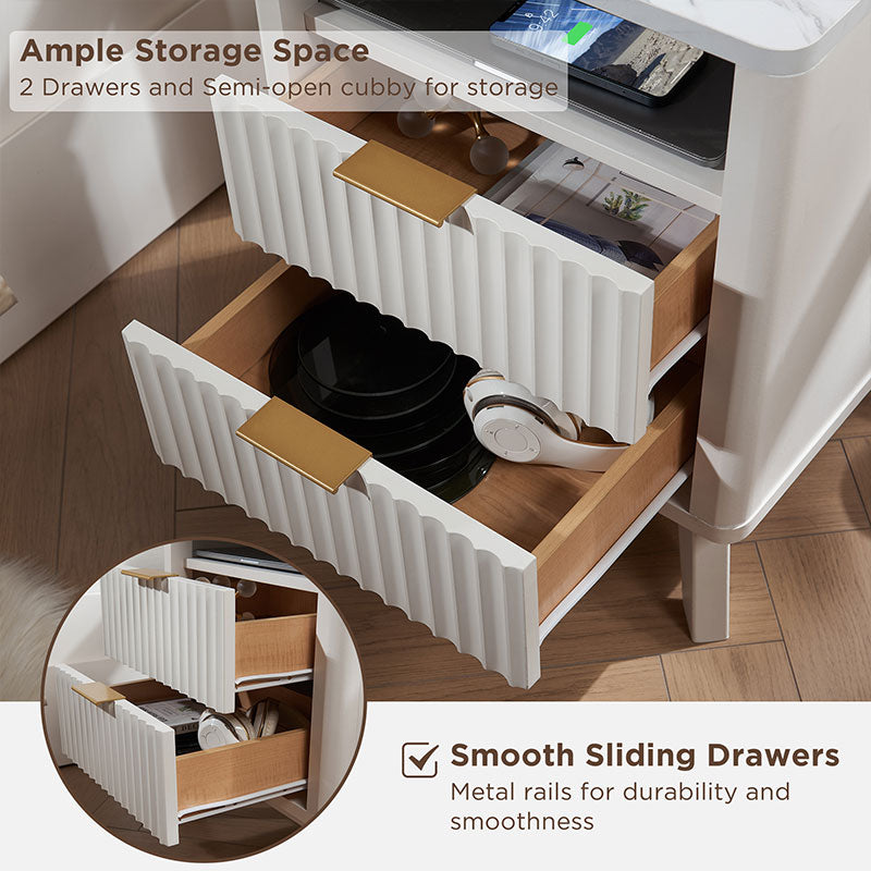 OKD Fluted Nightstand with Charging Station, 18inch Faux Marble Top Side Table