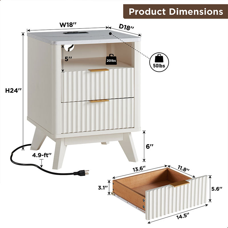 OKD Fluted Nightstand with Charging Station, 18inch Faux Marble Top Side Table