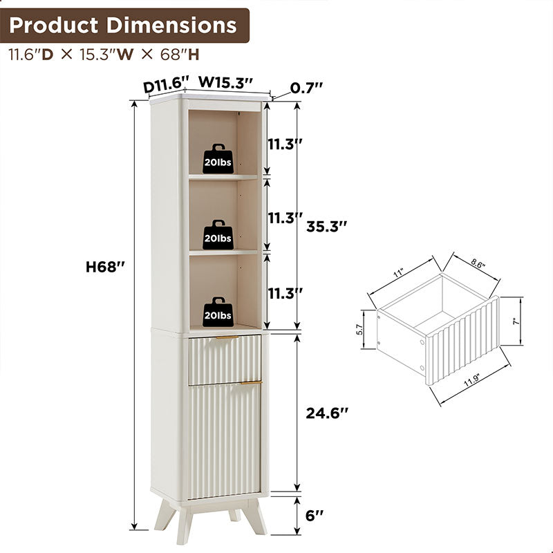 OKD 68 inch Tall Fluted Bathroom Storage Cabinet