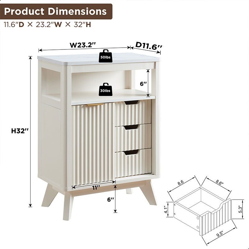 OKD Fluted Bathroom Floor Cabinet with Sliding Door, 3 Drawers Storage Organizer