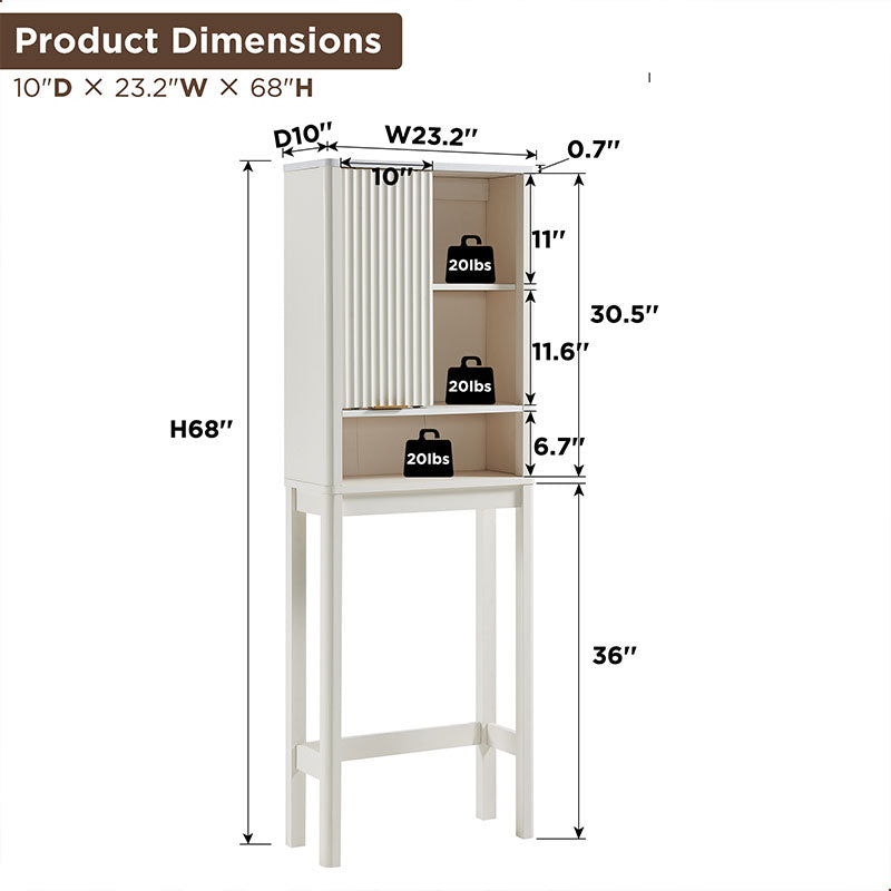 OKD 68 inch Over Toilet Storage Cabinet with Fluted Sliding Door