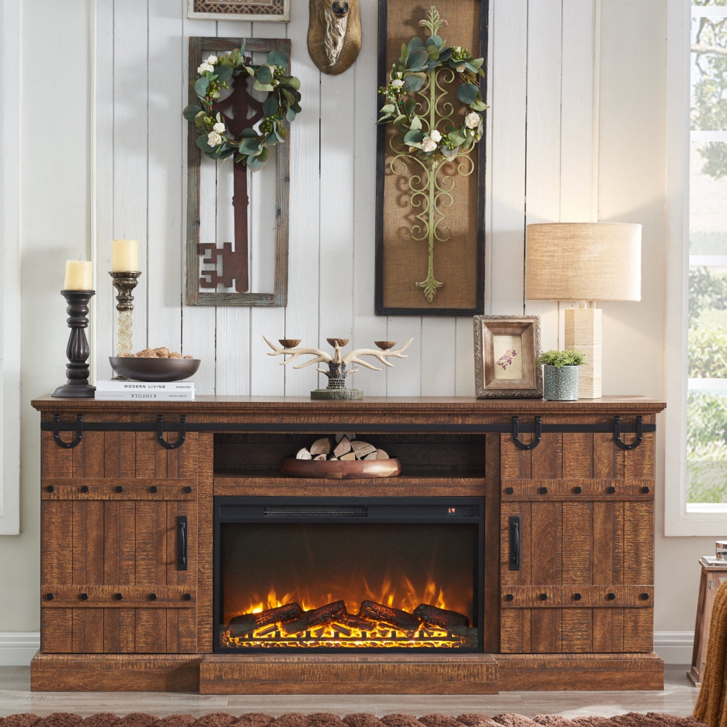 OKD Farmhouse 70" Fireplace TV Stand for TVs up to 80" , Entertainment Center with 30" Electric Fireplace, Dark Rustic Oak