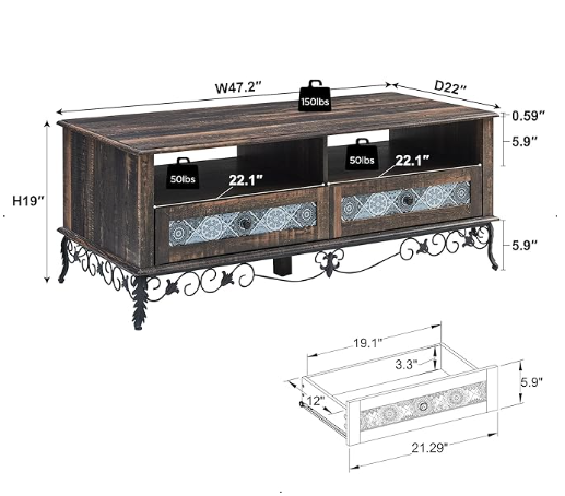 OKD 48" Boho Coffee Table with 2 Draw , Rustic Medieval Bohemian Coffee Table