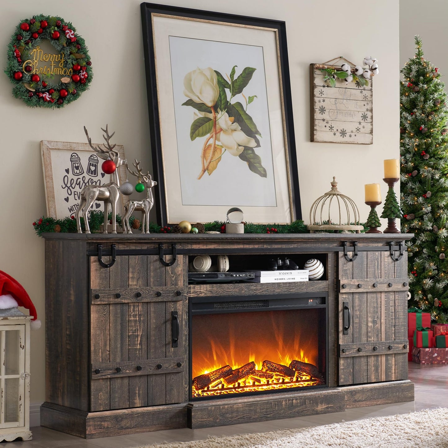 OKD Farmhouse 70" Fireplace TV Stand for TVs up to 80" , Entertainment Center with 30" Electric Fireplace, Dark Rustic Oak