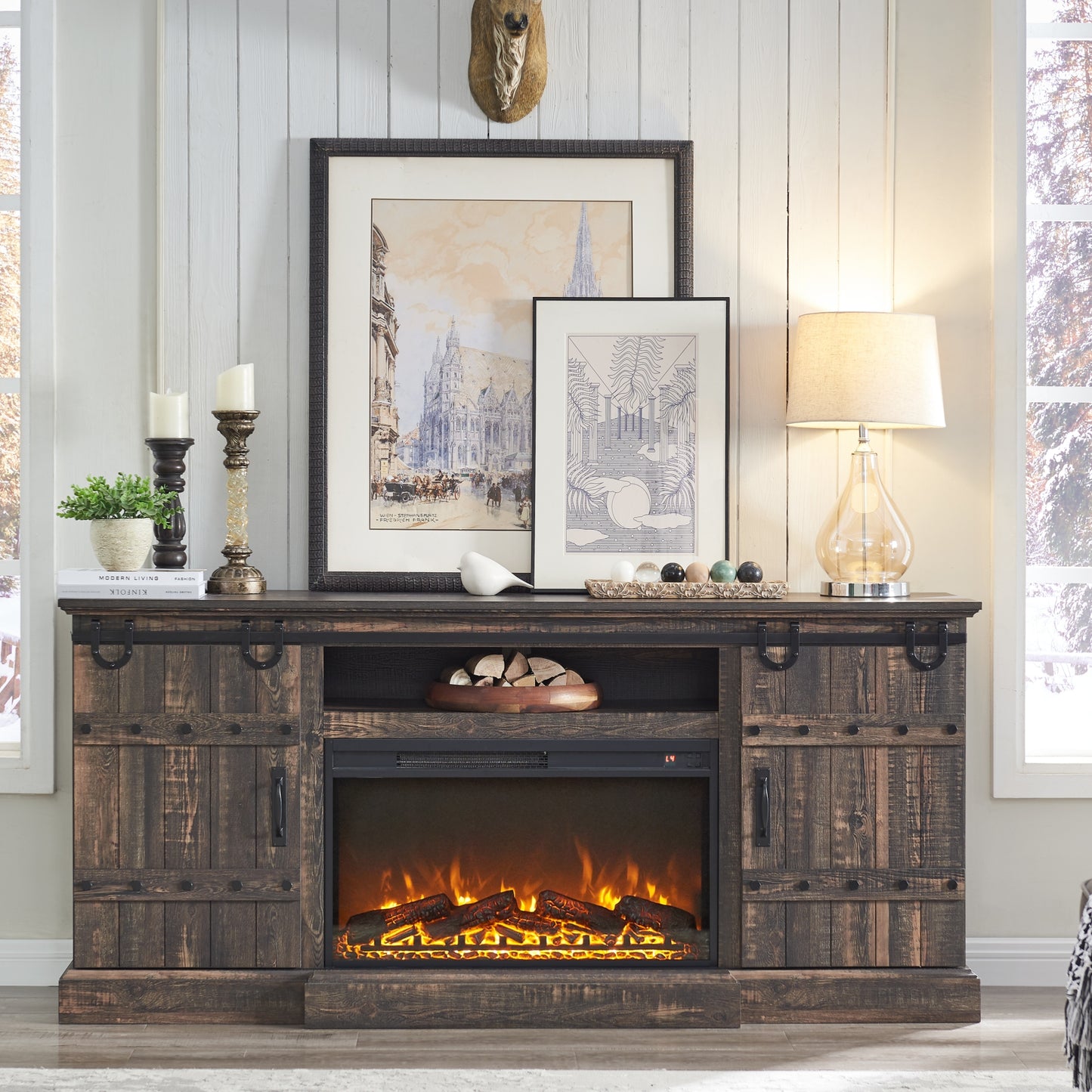 OKD Farmhouse 70" Fireplace TV Stand for TVs up to 80" , Entertainment Center with 30" Electric Fireplace, Dark Rustic Oak
