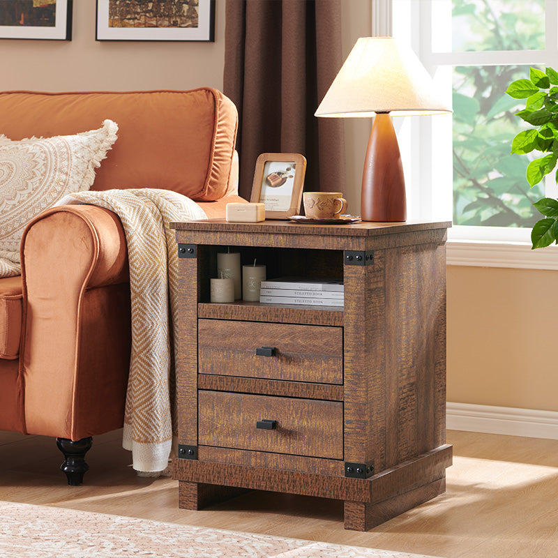 OKD Farmhouse Nightstand with Charging Station, 18 inch Rustic Side table with 2 Storage Drawers