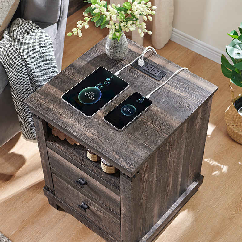 OKD Farmhouse Nightstand with Charging Station, 18 inch Rustic Side table with 2 Storage Drawers