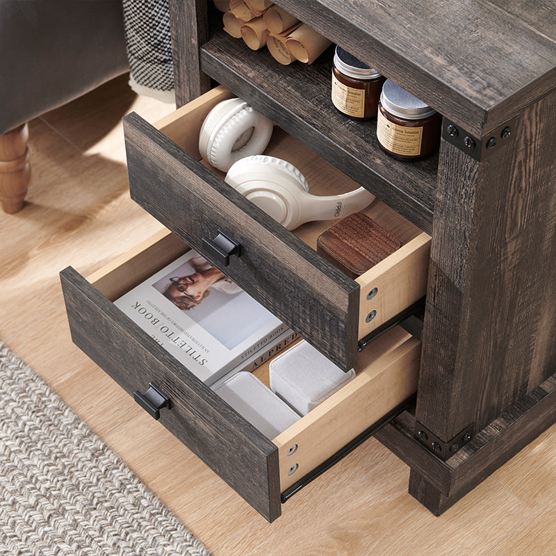 OKD Farmhouse Nightstand with Charging Station, 18 inch Rustic Side table with 2 Storage Drawers