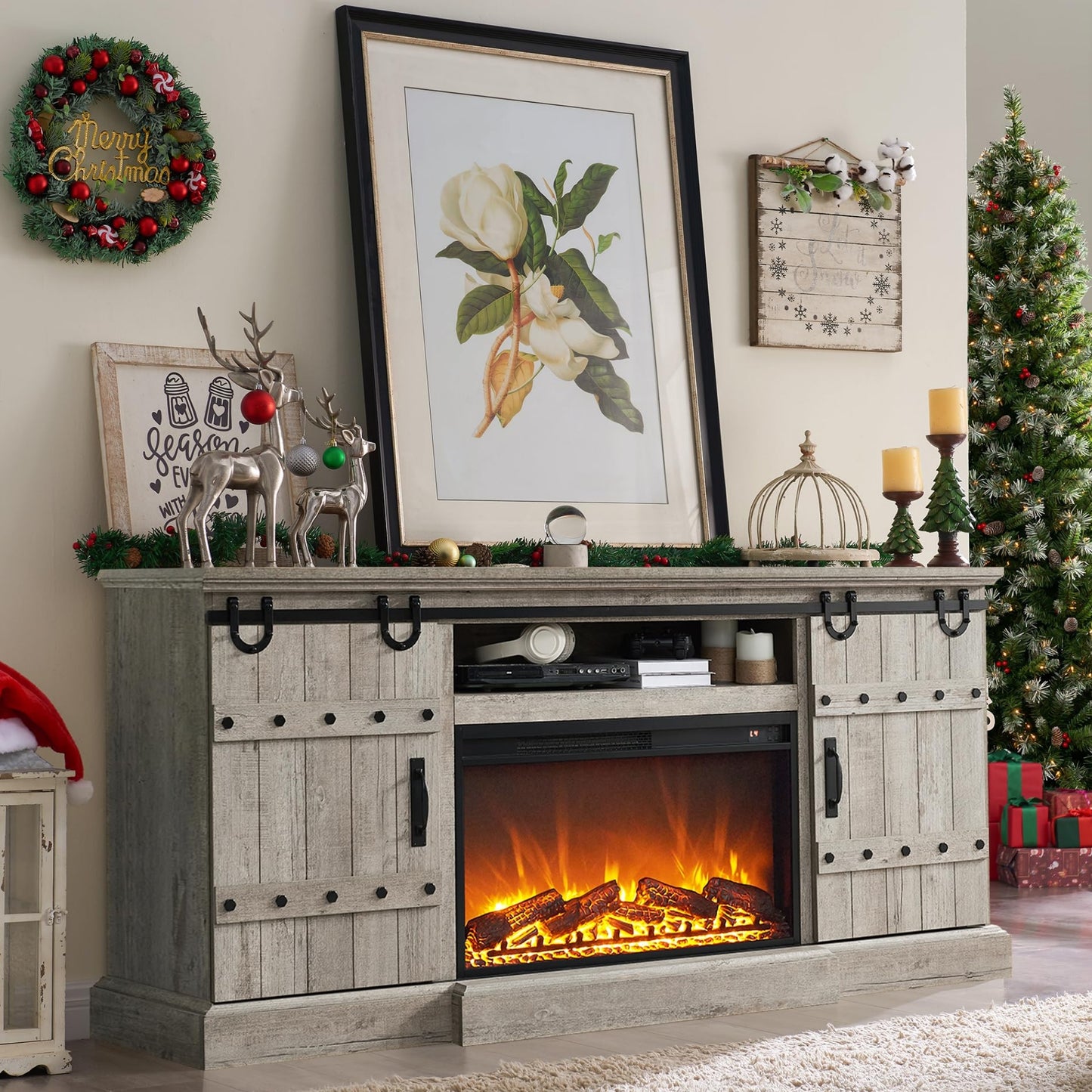 OKD Farmhouse 70" Fireplace TV Stand for TVs up to 80" , Entertainment Center with 30" Electric Fireplace, Dark Rustic Oak