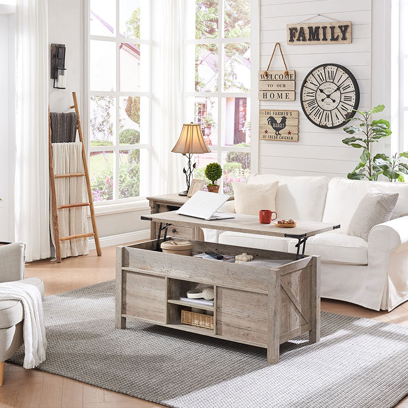 OKD Farmhouse Lift Top Coffee Table with Sliding Barn Door