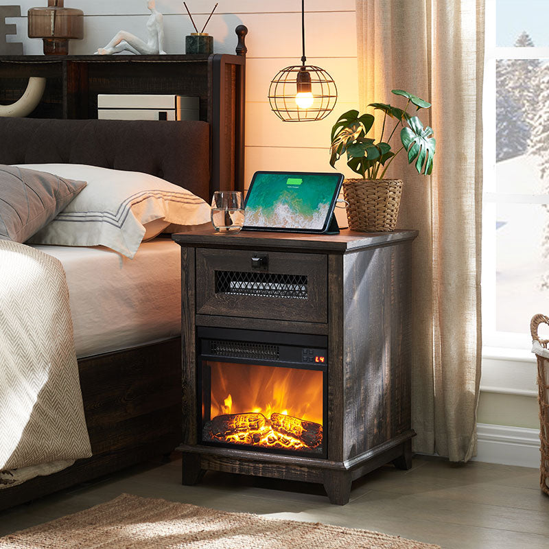 OKD 18inch Farmhouse Fireplace Nightstand/End Table with Charging Station