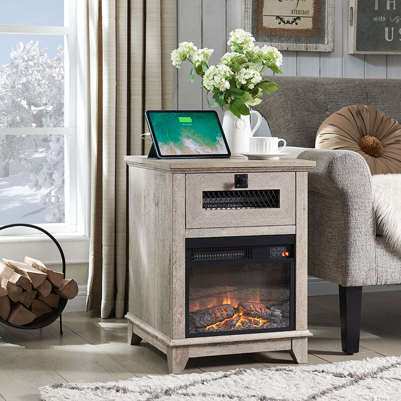 OKD 18inch Farmhouse Fireplace Nightstand/End Table with Charging Station