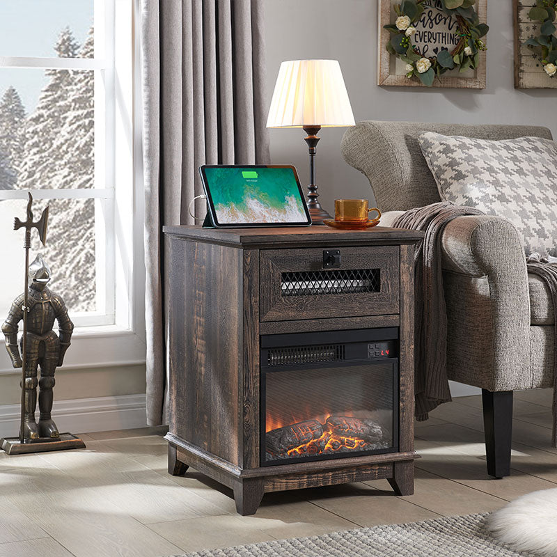 OKD 18inch Farmhouse Fireplace Nightstand/End Table with Charging Station