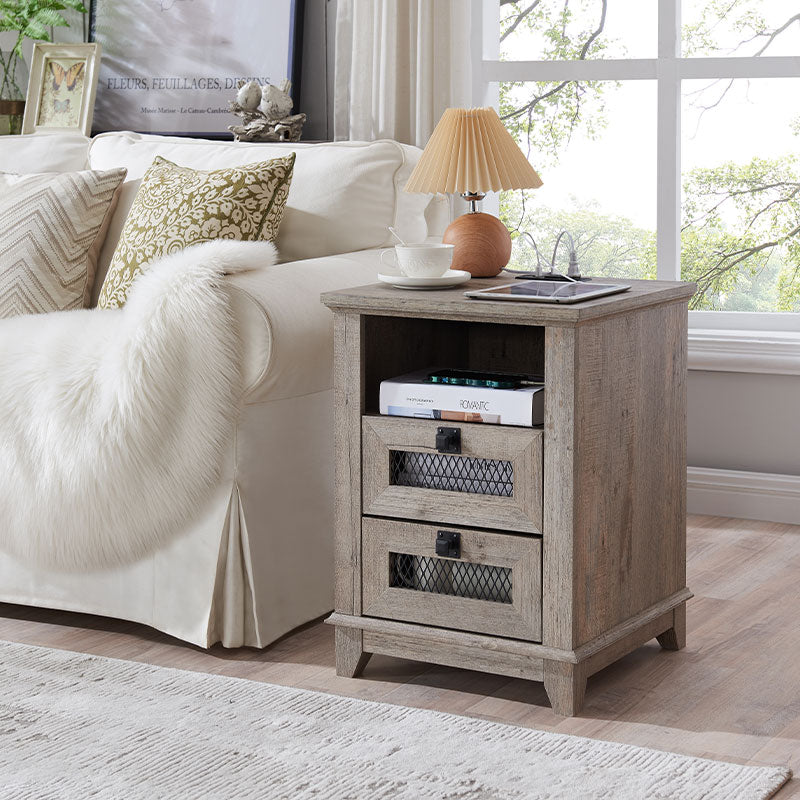 OKD Farmhouse 2 Drawers Nightstand with Charging Station and Open Cubby