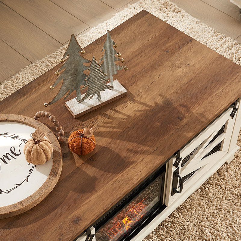 OKD 48''Farmhouse Coffee Table with 13'' Electric Fireplace Heater & Sliding Barn Doors