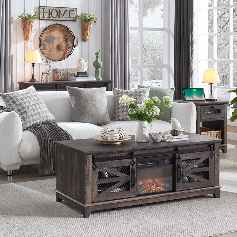 OKD 48''Farmhouse Coffee Table with 13'' Electric Fireplace Heater & Sliding Barn Doors