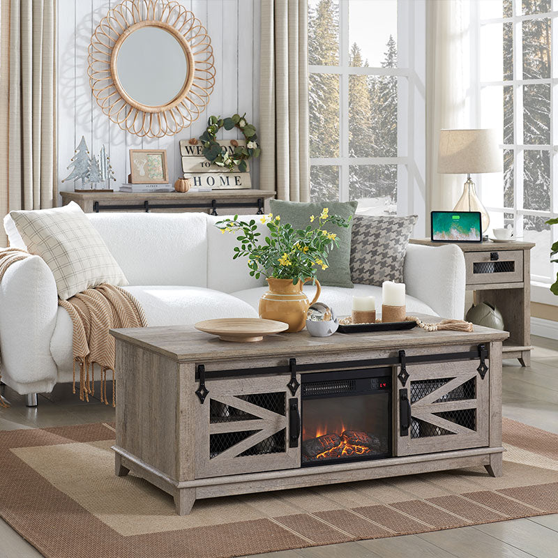OKD 48''Farmhouse Coffee Table with 13'' Electric Fireplace Heater & Sliding Barn Doors