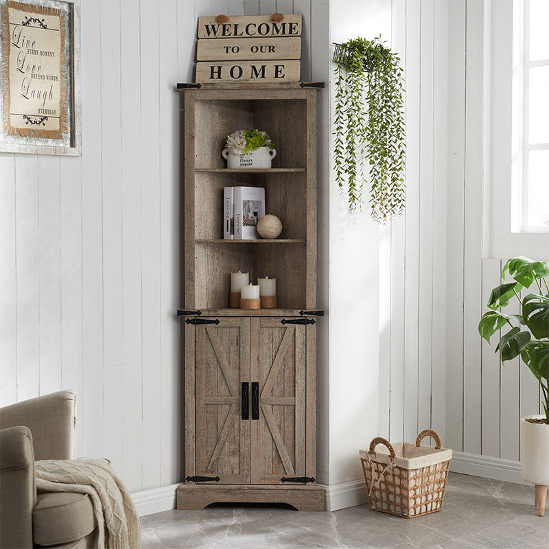 OKD Farmhouse Tall Corner Cabinet, Storage Cabinet with Barn Door