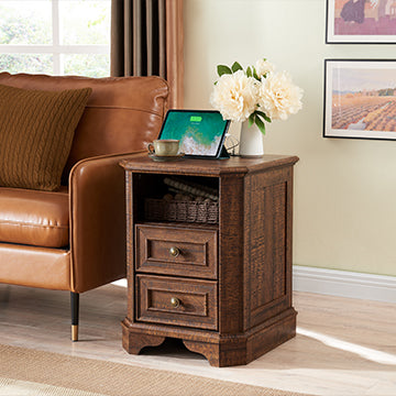 OKD Farmhouse 2 Drawers Nightstand Wtih Built In Outlets Charging Station