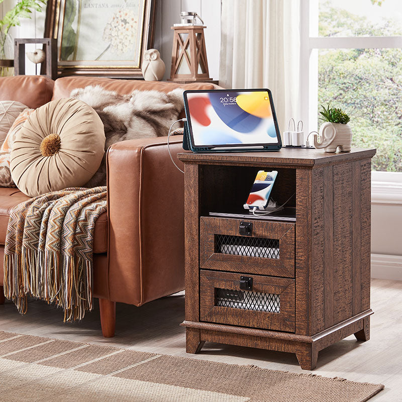OKD Farmhouse 2 Drawers Nightstand with Charging Station and Open Cubby